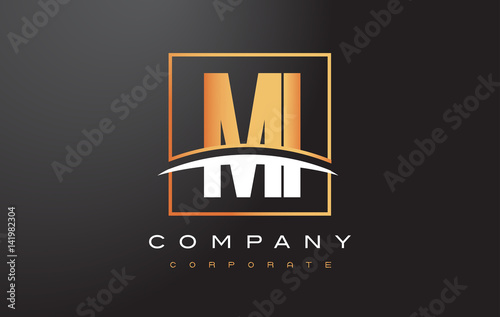 MI M I Golden Letter Logo Design with Gold Square and Swoosh.