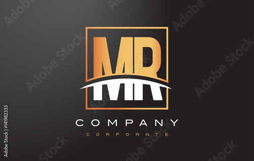 MR M R Golden Letter Logo Design with Gold Square and Swoosh.