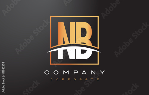 NB N B Golden Letter Logo Design with Gold Square and Swoosh.