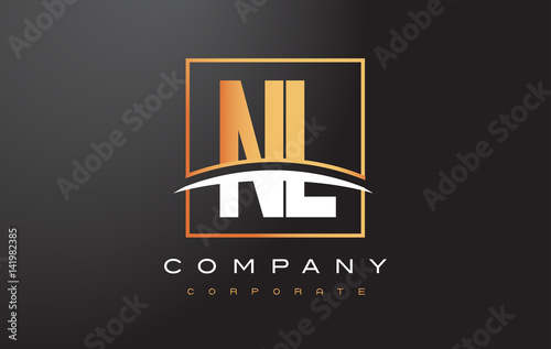 NL N L Golden Letter Logo Design with Gold Square and Swoosh.
