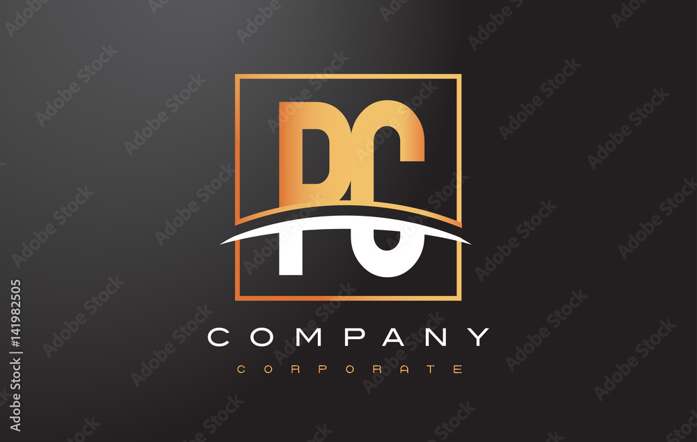 PC P C Golden Letter Logo Design with Gold Square and Swoosh. PC P C Golden Letter Logo Design with Gold Square and Swoosh.
