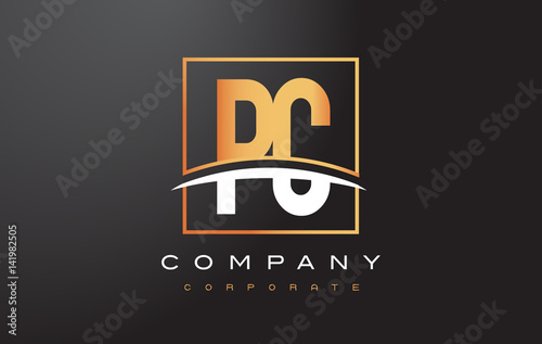 PC P C Golden Letter Logo Design with Gold Square and Swoosh.