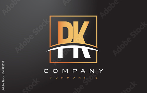 PK P K Golden Letter Logo Design with Gold Square and Swoosh.