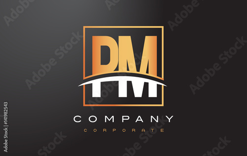 PM P L Golden Letter Logo Design with Gold Square and Swoosh.
