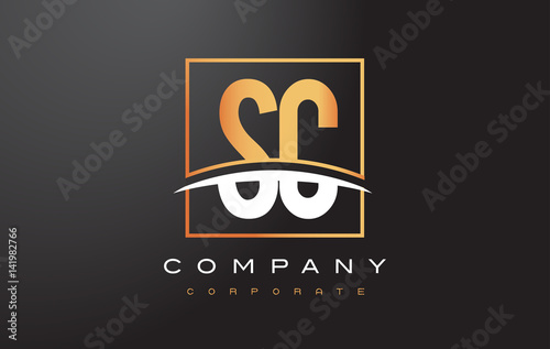 SC S C Golden Letter Logo Design with Gold Square and Swoosh.