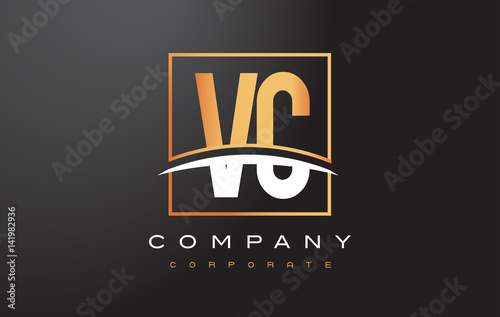 VC V C Golden Letter Logo Design with Gold Square and Swoosh.