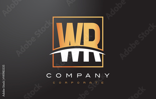 WR W R Golden Letter Logo Design with Gold Square and Swoosh.