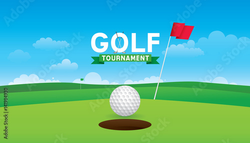 Vector of golf tournament with green golf field background.