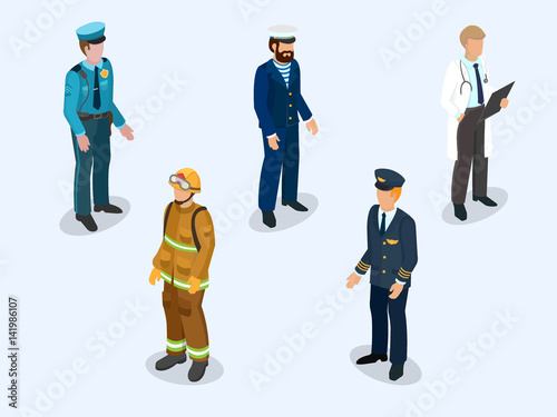 Pilot, sailor, doctor, firefighter and policeman in uniform