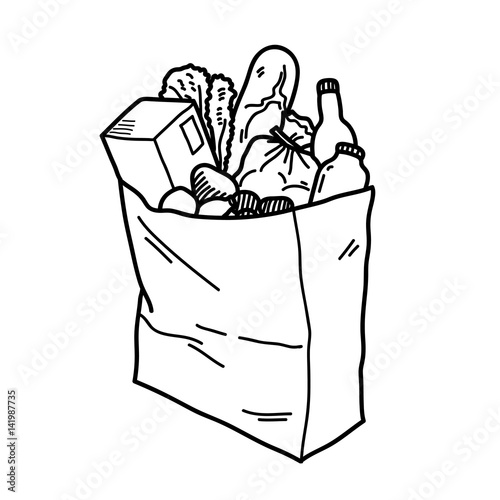 Grocery Paper bag with fresh food inside. Hand drawn vector illustration isolated. Market bag full of products. Shopping vegetables and fruits at the grocery store.