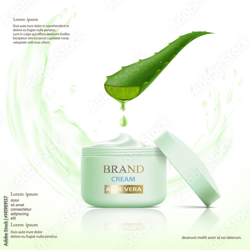 Container with cosmetic cream. Aloe vera leaf.
