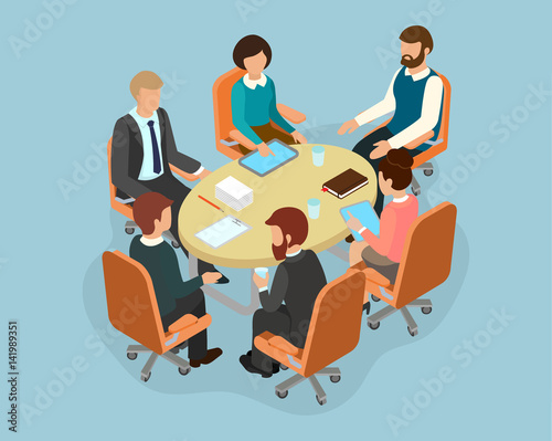 Office staff at the round table in the process of discussing work issues.