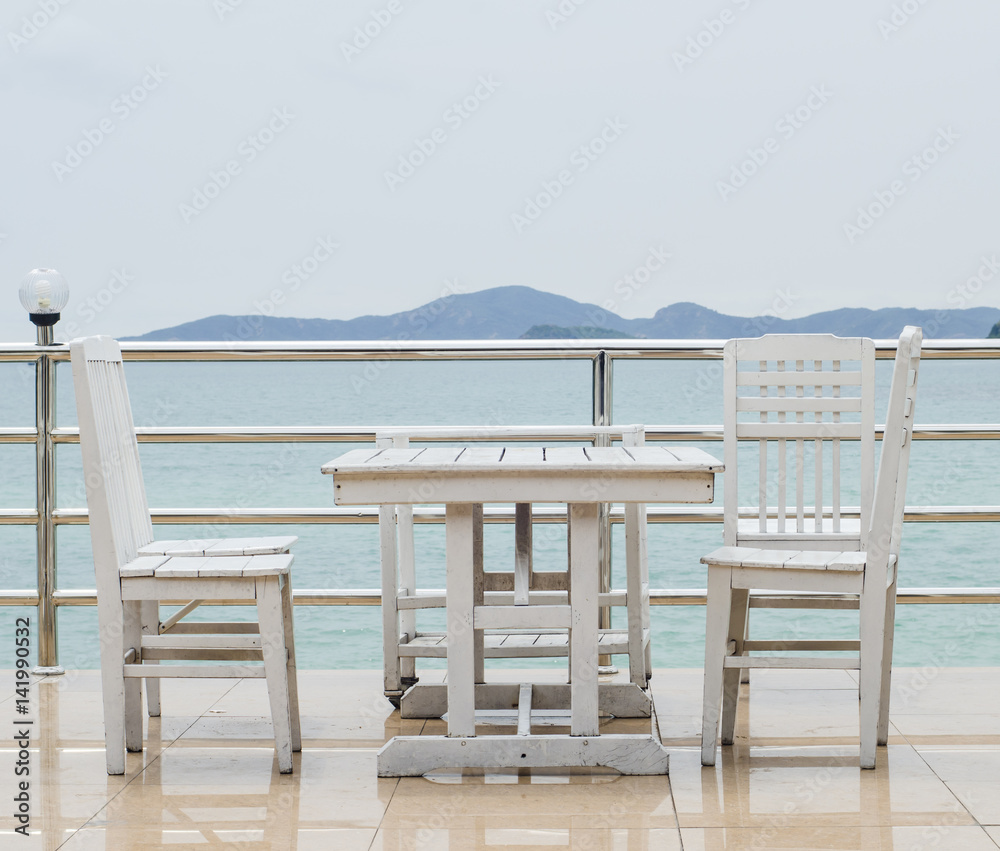 Table in a restaurant by the sea