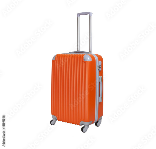 One suitcase isolated on white background. Polycarbonate suitcase isolated on white. Orange suitcase.