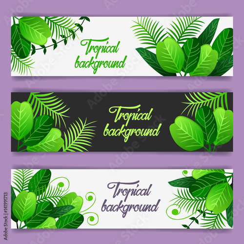 Set of colorful vector banners with green leaves.