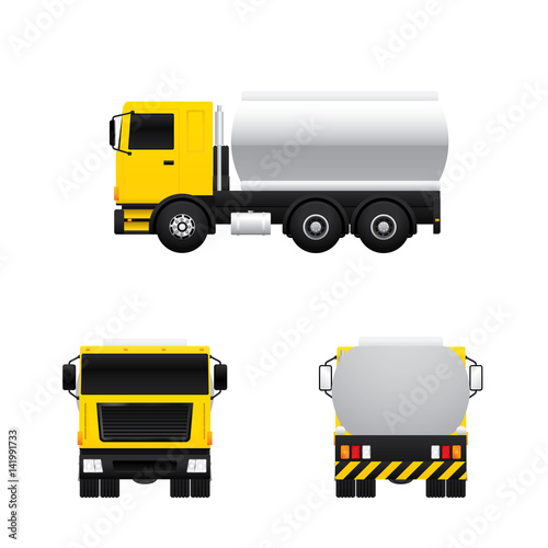 Vector of tank truck in different views isolated on white background.
