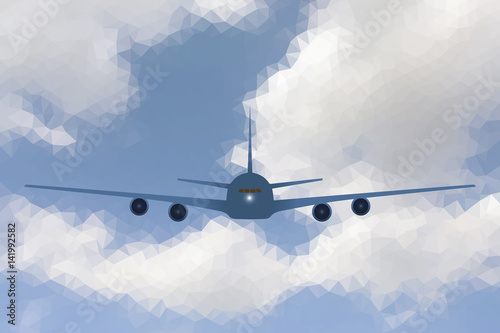 Airplane flying head on in low poly blue sky with clouds, vector illustration