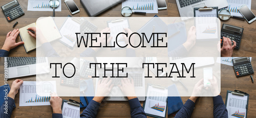 Composition (set) pictures of office subjects with text WELCOME TO THE TEAM. The man (businessman, manager, student) working at office table (writes, calls, calculates, analyzes)
