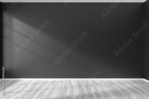 Empty room with black wall and white parquet floor