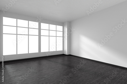 Empty room with black parquet floor and white walls and window