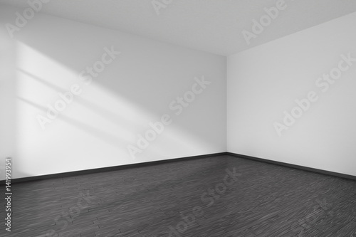 Fototapeta Naklejka Na Ścianę i Meble -  Corner of empty room with black parquet floor and white walls