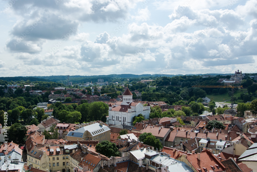 Vilnius panoramic view of Vilnius and Orthodox church of the holy mother of God from Vilnius University bell tower, Lithuania.