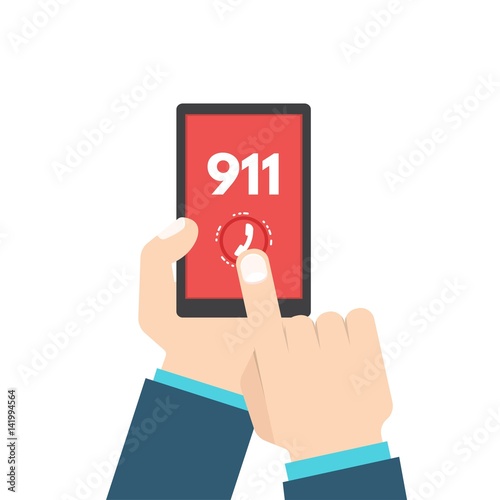 Emergency call, 911, call, phone in hand. Vector illustration.