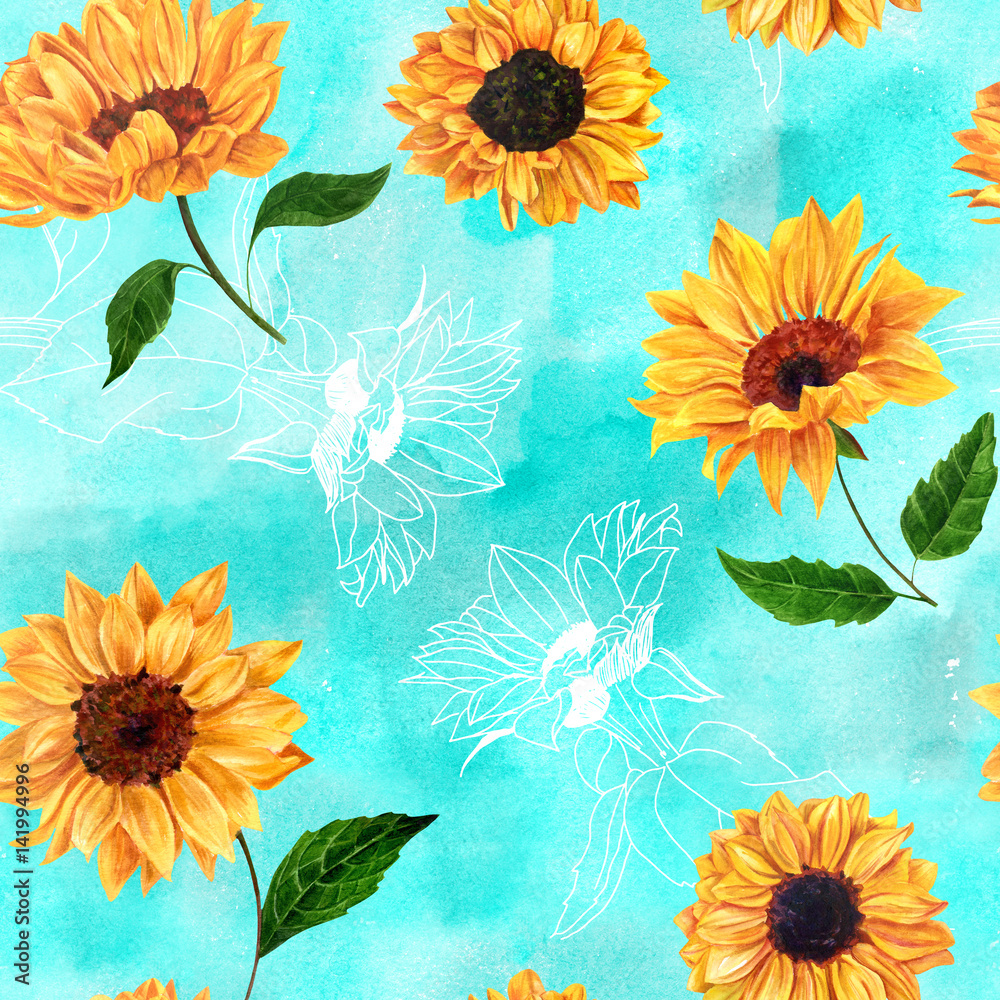 Fototapeta premium Seamless pattern with watercolor sunflowers on turquoise