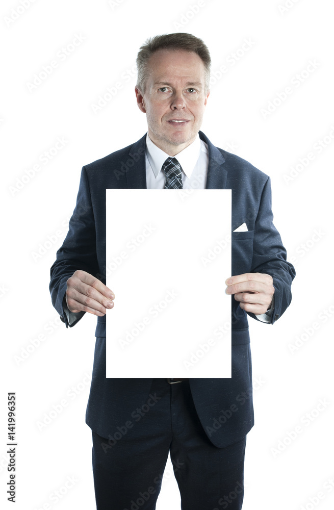 business man is holding a white display. Isolated on white background business man is holding a white display. Isolated on white background