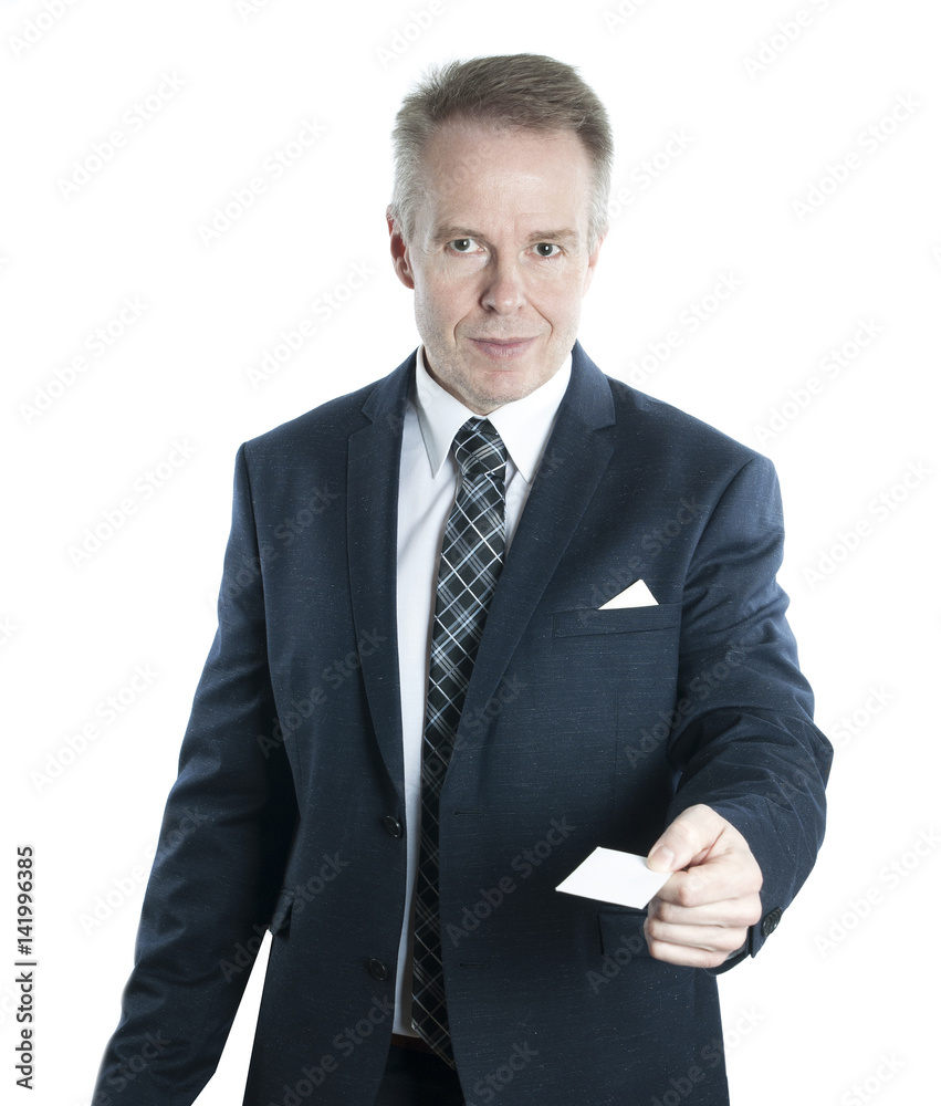Businessman showing his business card. Isolated on white background Businessman showing his business card. Isolated on white background