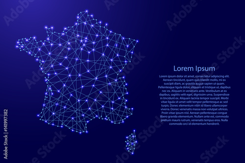 Map of France from polygonal blue lines and glowing stars vector illustration