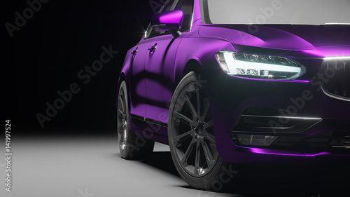 Car wrapped in violet matte chrome film. 3d rendering photo