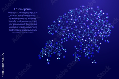 Map of Hong Kong from polygonal blue lines and glowing stars vector illustration