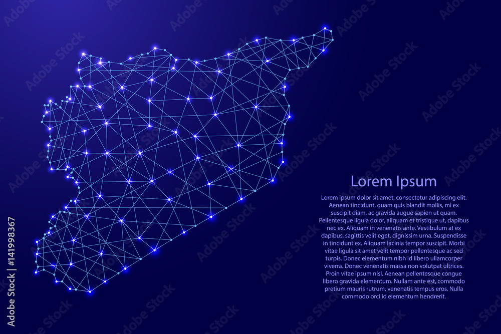 Obraz premium Map of Syria from polygonal blue lines and glowing stars vector illustration