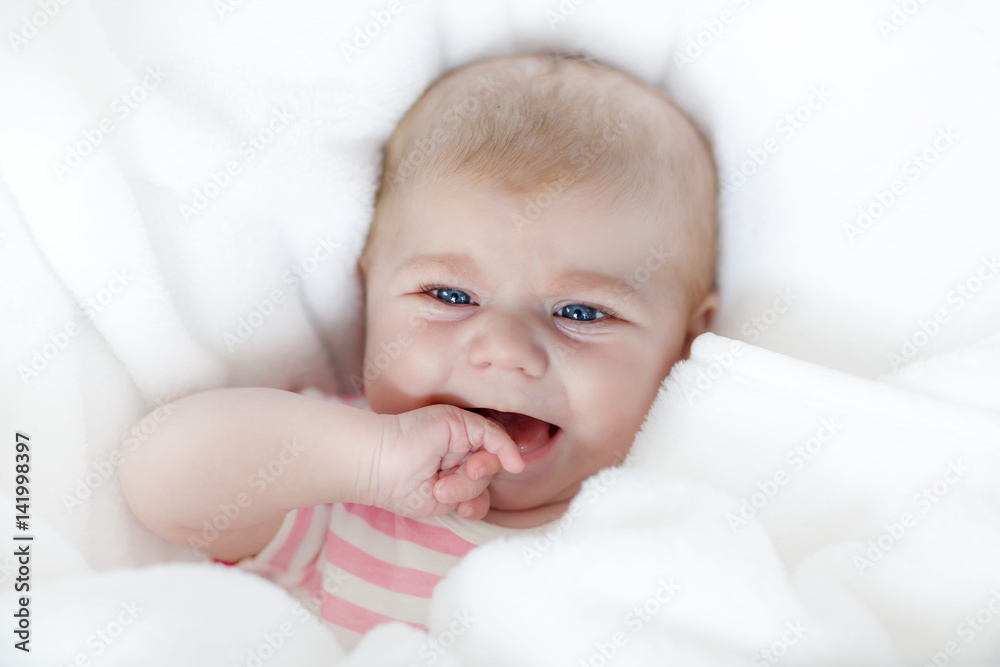 Cute adorable two months baby sucking fist.