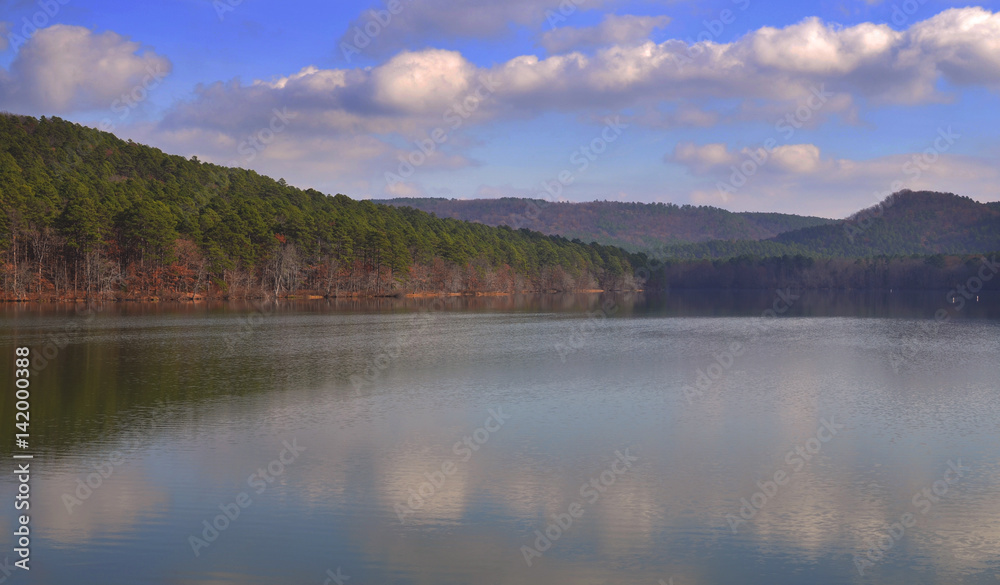 Mountain Lake calm water reflection with clouds and blue sky Mountain Lake calm water reflection with clouds and blue sky