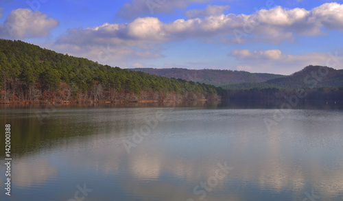 Mountain Lake calm water reflection with clouds and blue sky