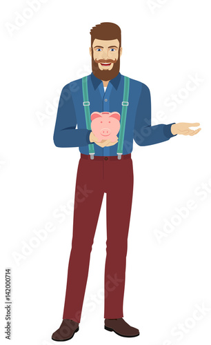 Hipster holding a piggy bank and gesturing