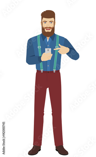 Hipster pointing at a mobile phone in his hand