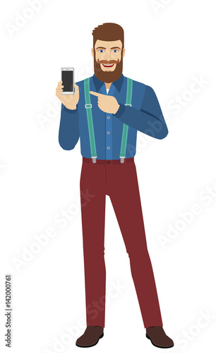 Hipster pointing at a mobile phone in his hand