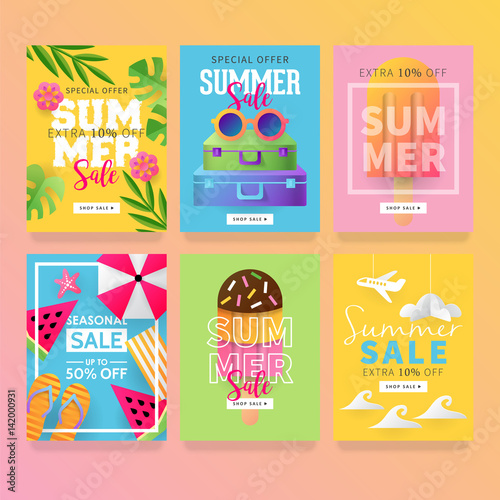 Summer sale banner template set for social media and mobile apps with paper art travel and vacation background. Vector illustration
