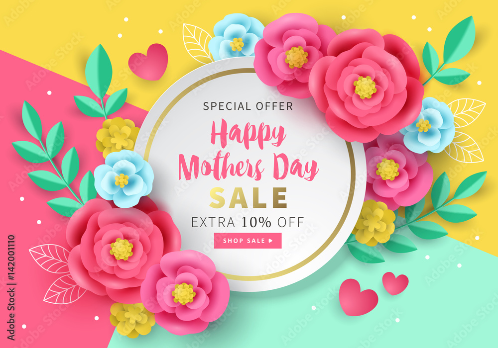 Mothers day sale banner template for social media advertising, invitation or poster design with paper art flowers background. Vector illustration Mothers day sale banner template for social media advertising, invitation or poster design with paper art flowers background. Vector illustration