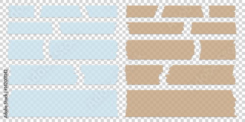 Sticky tape pieces of different size and colors on transparent background isolated.