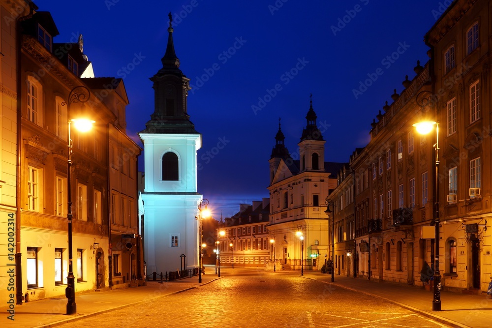 Night view at Freta street on old town in Warsaw, Poland