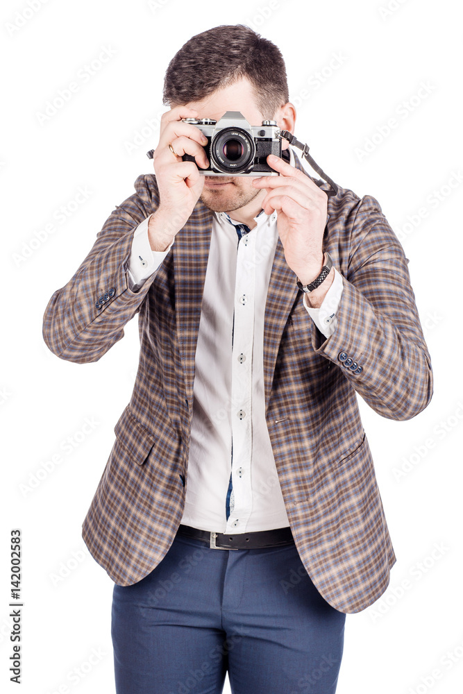 photographer with old retro film camera. isolated on white background photographer with old retro film camera. isolated on white background
