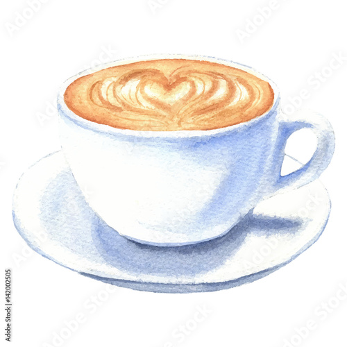 Watercolor coffee cup, hand drawn latte drink illustrations, isolated on white background. Food design.