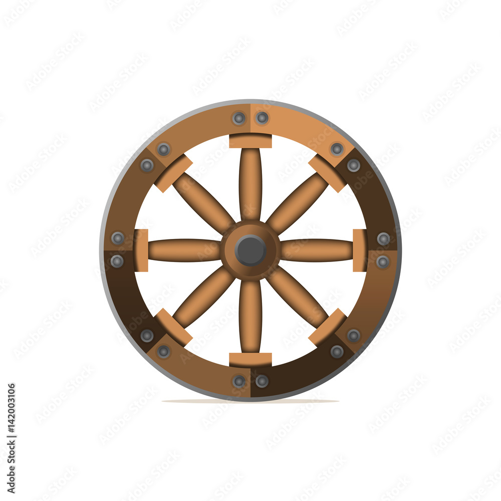 The wooden wheel. An ancient invention. Vector illustration isolated on white background.
