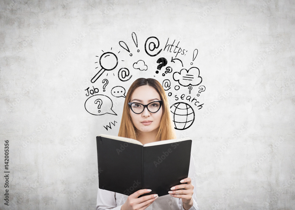 Woman with book and an internet search Woman with book and an internet search