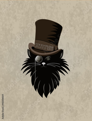 Steampunk stilyzed cat. Template steampunk design for card. Frame steampunk background.