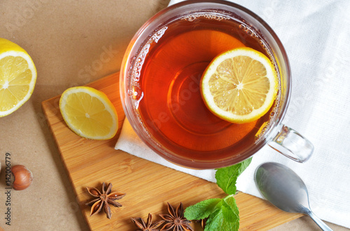 Cup of tea with mint and lemon